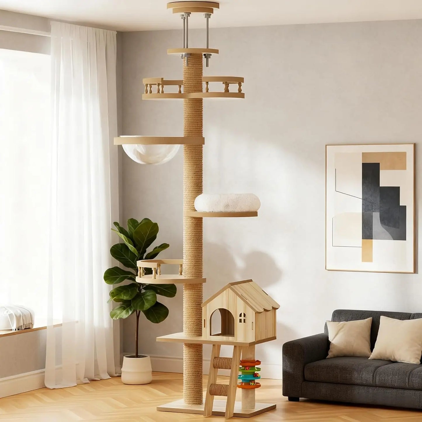 Modern Wood Cat Tower With Sisal Scratching Posts