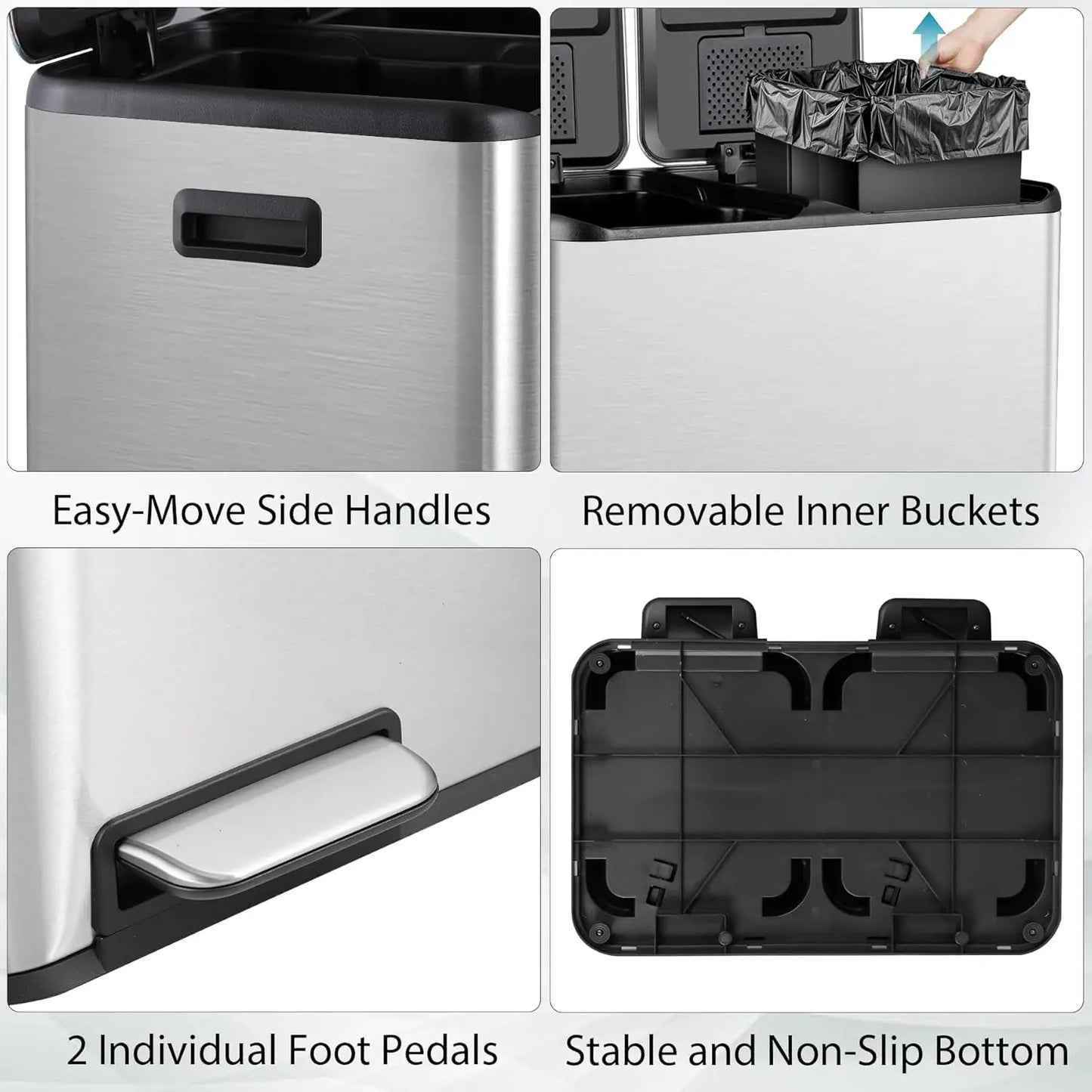 Dual Stainless Steel Kitchen Trash Can With Foot Pedal