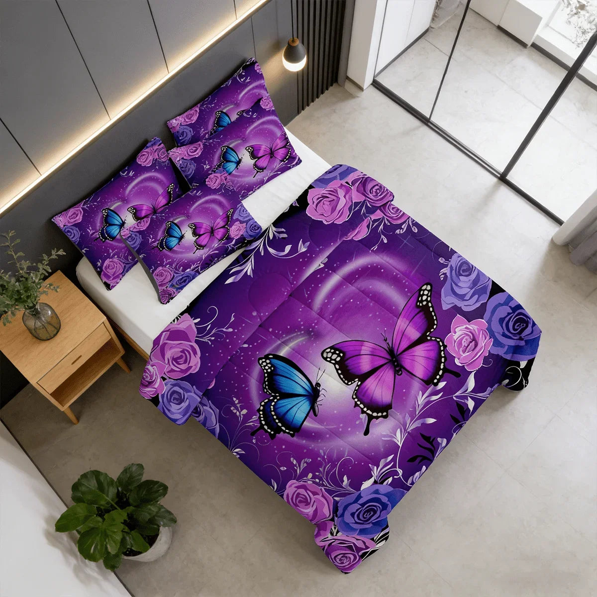 Butterfly Rose Print Bed Comforter Set With Pillowcases