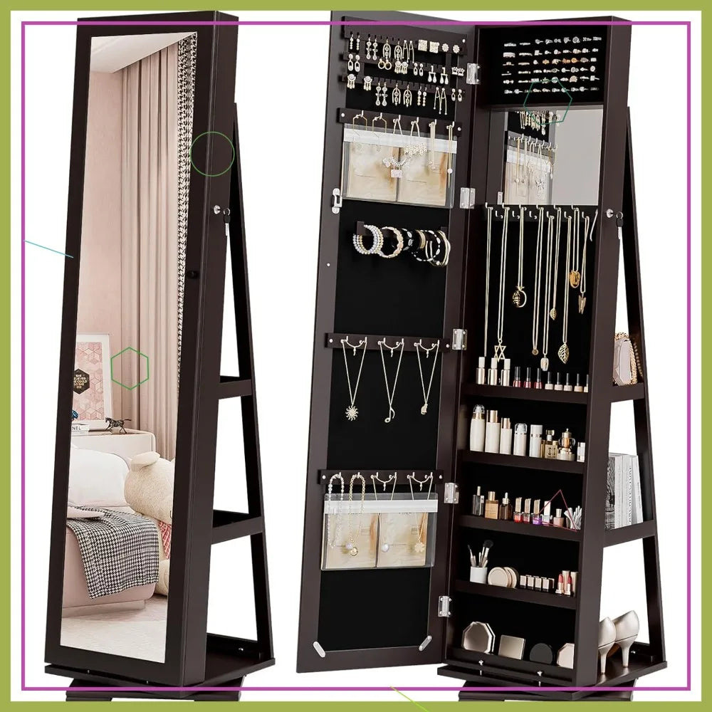 360 Degree Swivel Jewelry Mirror Cabinet With Lockable Storage Armoire