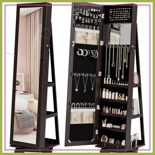 360 Degree Swivel Jewelry Mirror Cabinet With Lockable Storage Armoire