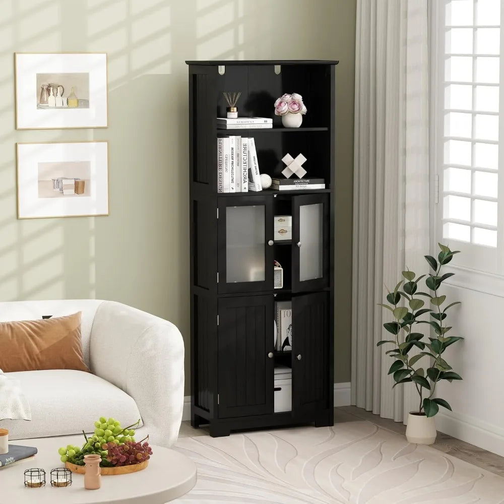 Tall Bathroom Storage Cabinet Freestanding With Glass Doors Shelves