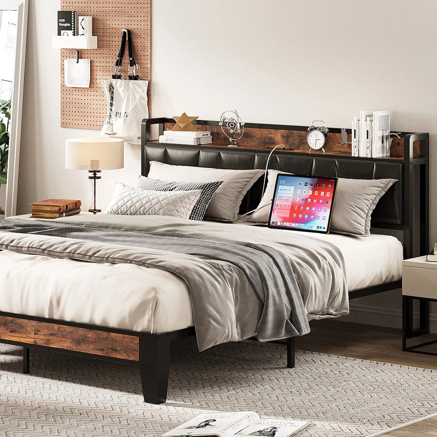 LIKIMIO Bed Frame With Storage Headboard And Charging Station