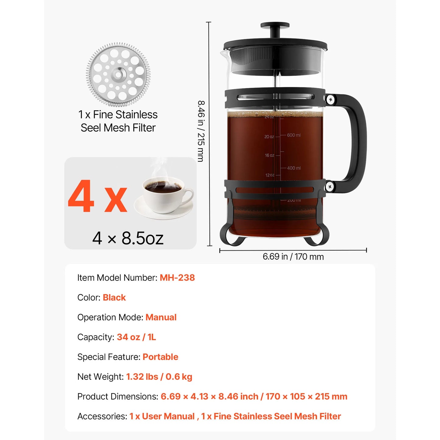 SucceBuy French Press Coffee Maker With Borosilicate Glass Filter