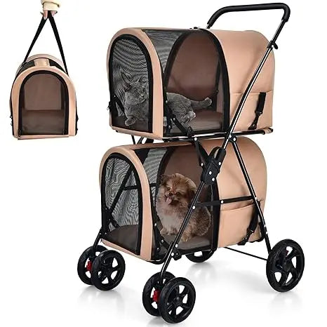 Foldable Double Pet Stroller With Two Removable Carrying Bags