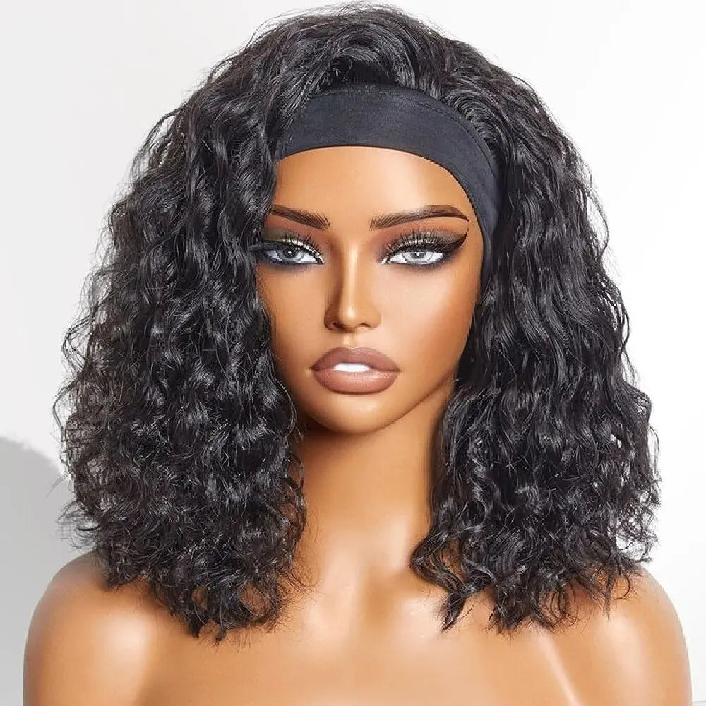 QZOQZO Deep Wave Headband Wig Human Hair Remy Brazilian