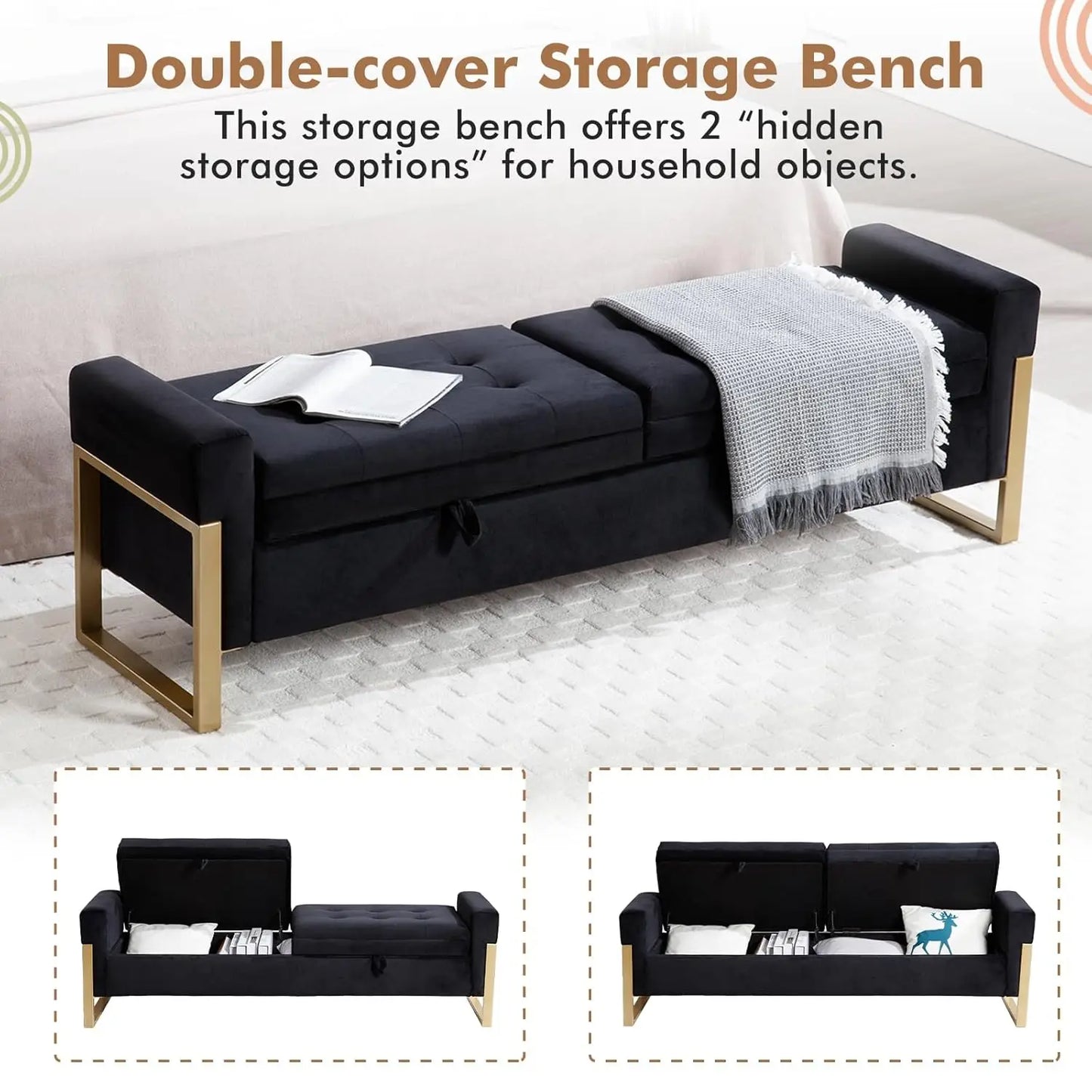 End Of Bed Storage Bench Velvet Upholstery With Metal Legs