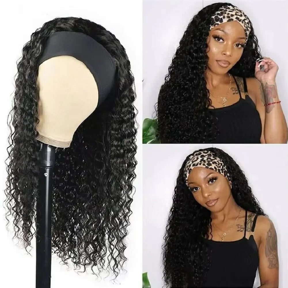 QZOQZO Deep Wave Headband Wig Human Hair Remy Brazilian