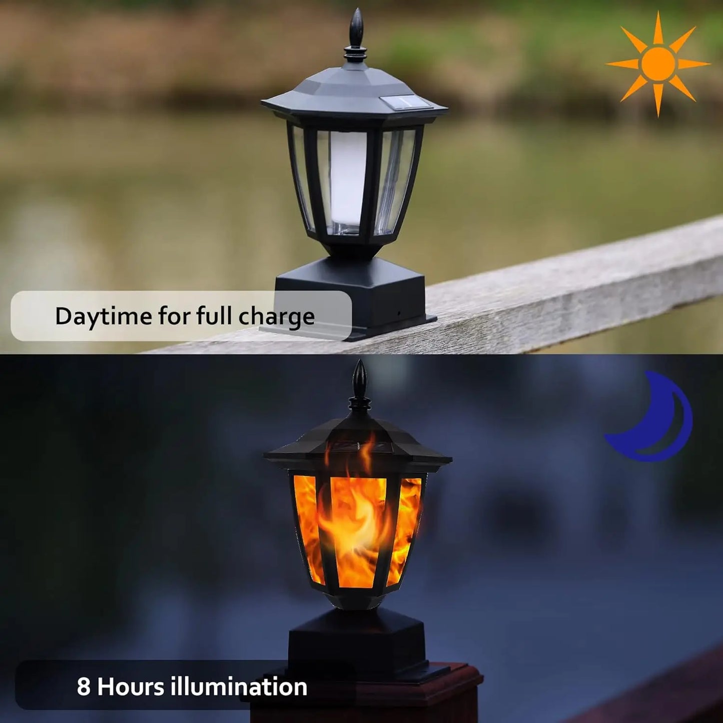 Solar Flame Post Lights Outdoor LED Lanterns, Waterproof, 2 Pack