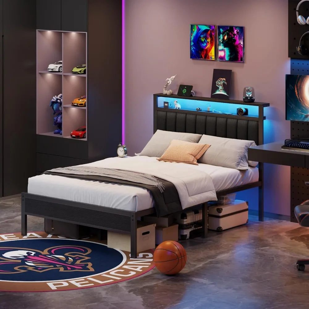 Bed Frame With Charging Station And LED Lights Platform Bed