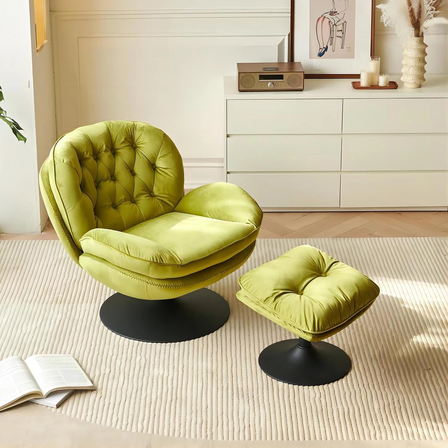 Todrani Velvet Tufted Swivel Armchair Set With Ottoman For Living Room