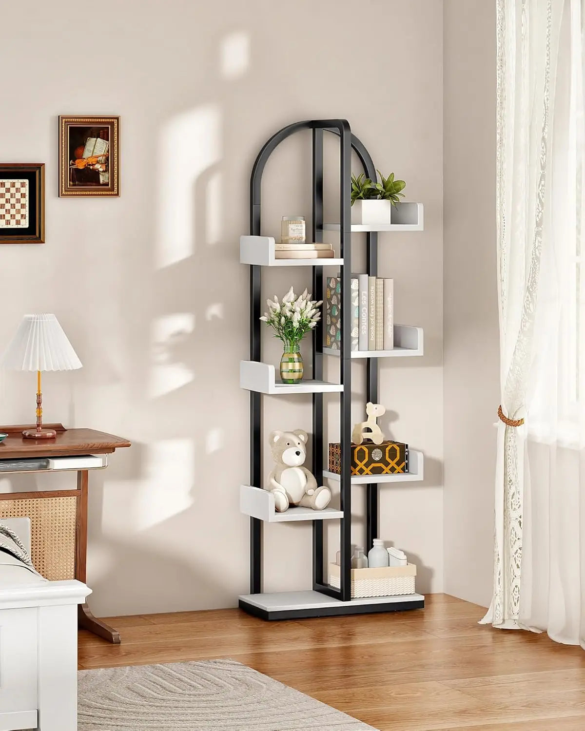 Curved 6-Tier Corner Bookshelf With Anti-Tip Kit For Living Room