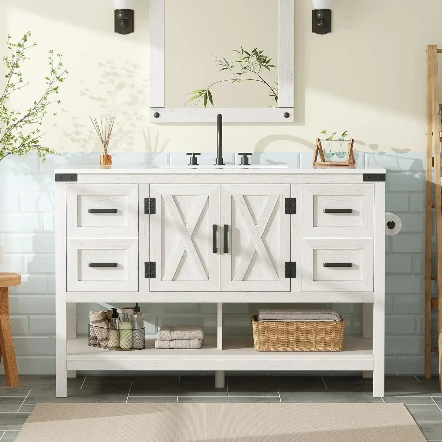 Farmhouse Vanity With Sink Freestanding Cabinet With Drawers Barn Doors