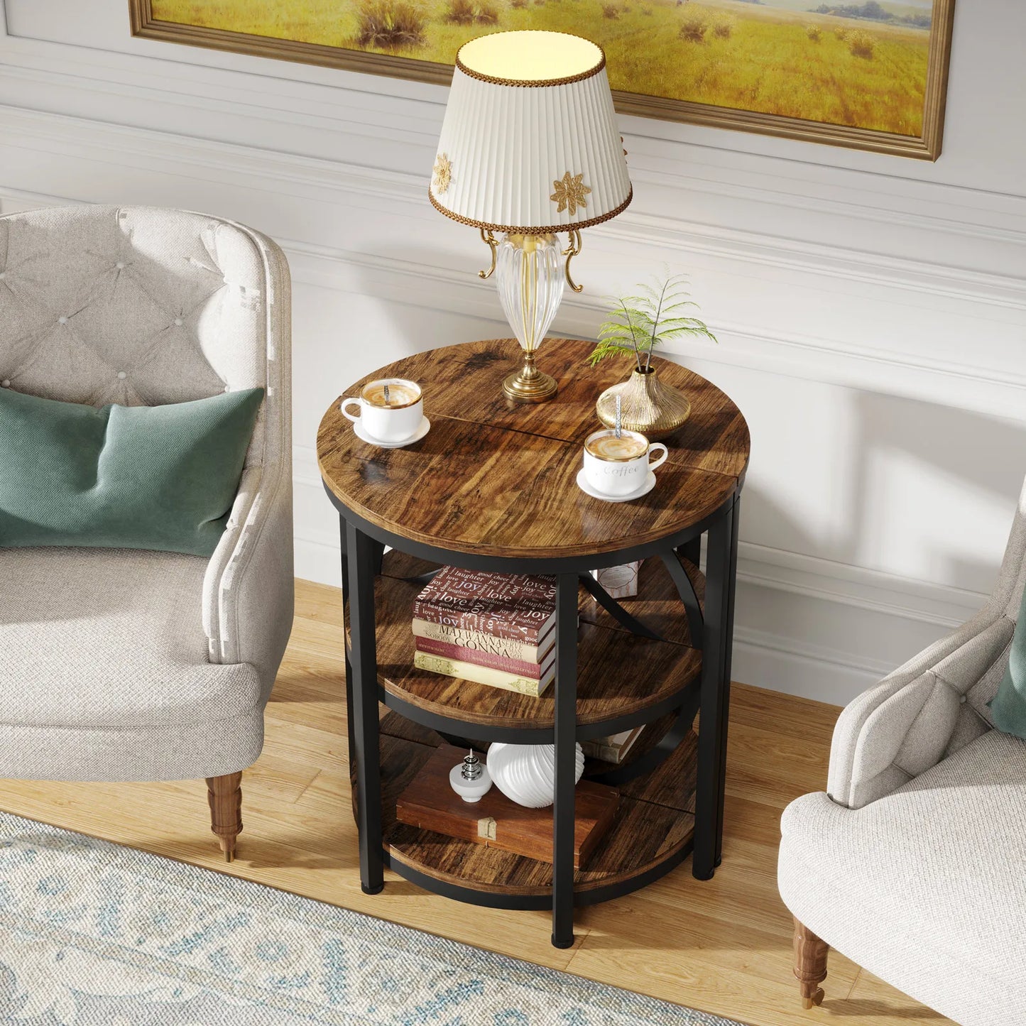 Tribesigns Half Round End Table 3 Tier Storage Metal Frame