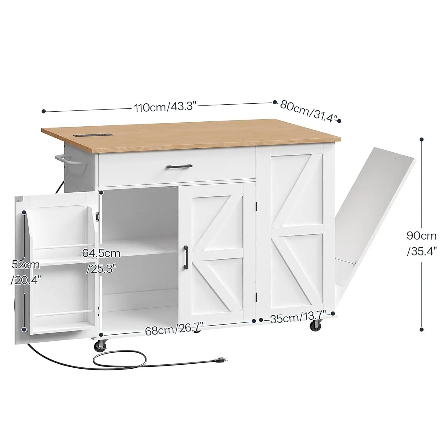 Kitchen Island with Storage Rolling Power Outlet Modern Design