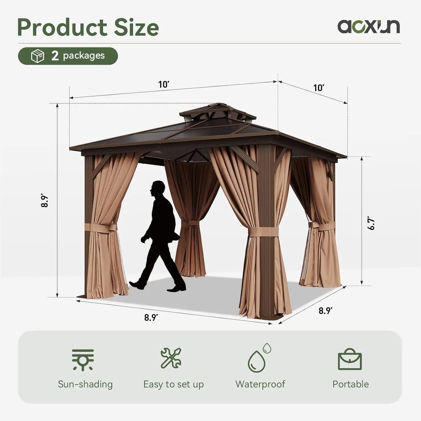 Outdoor Aluminum Gazebo With Polycarbonate Double Top Canopy And Netting