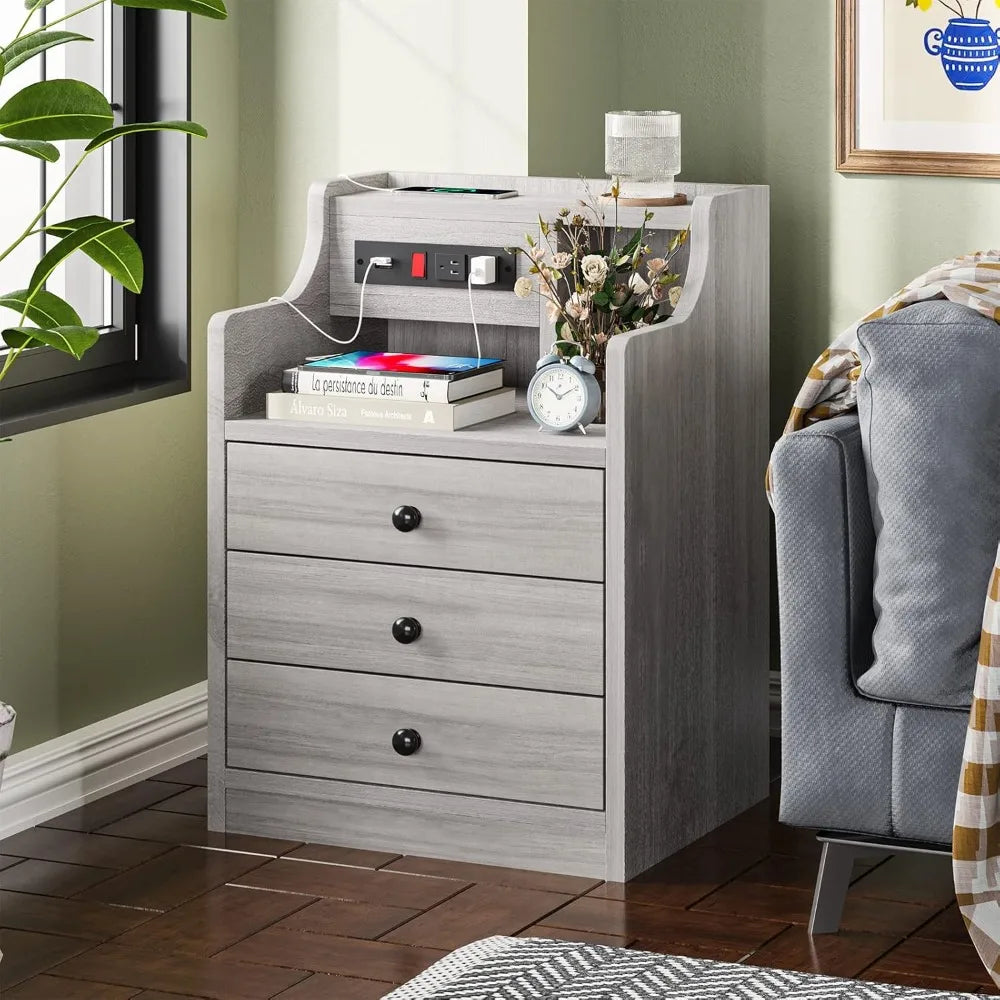Nightstand With Charging Station And Hutch Storage Drawers