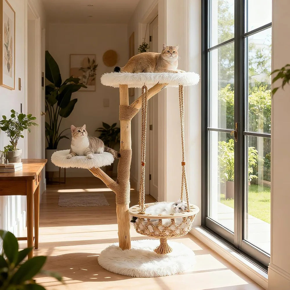 Wood Cat Tree With Multi Level Posts And Hanging Basket