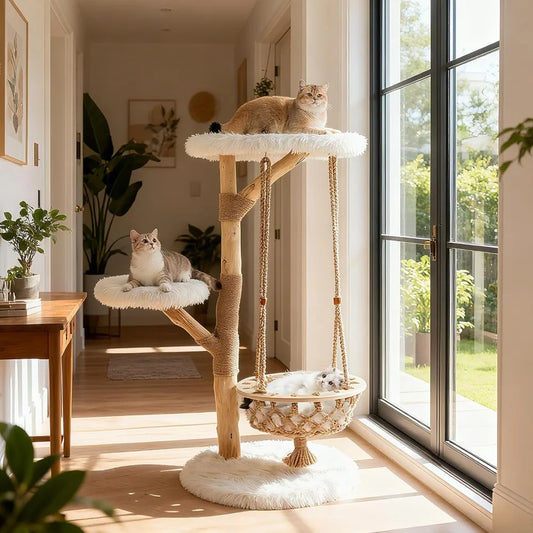 Wood Cat Tree With Multi Level Posts And Hanging Basket