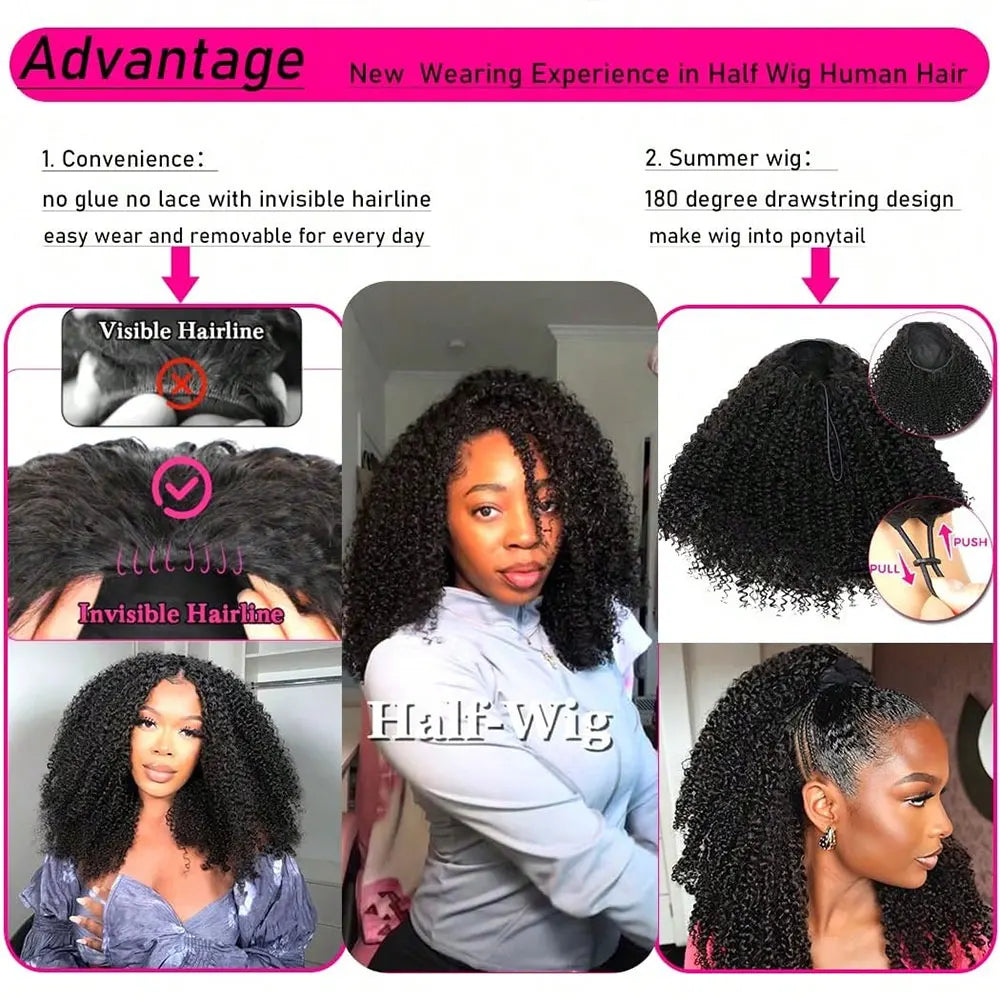 BUNGIOL Jerry Curly Half Wig Human Hair Clip In Glueless