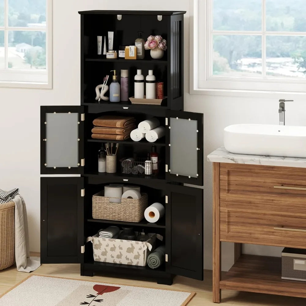 Tall Bathroom Storage Cabinet Freestanding With Glass Doors Shelves