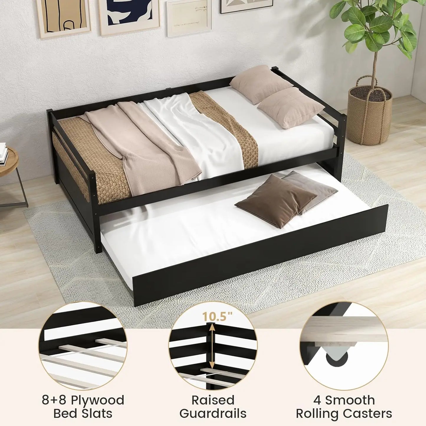 BIANXIANG Wood Trundle Daybed Frame