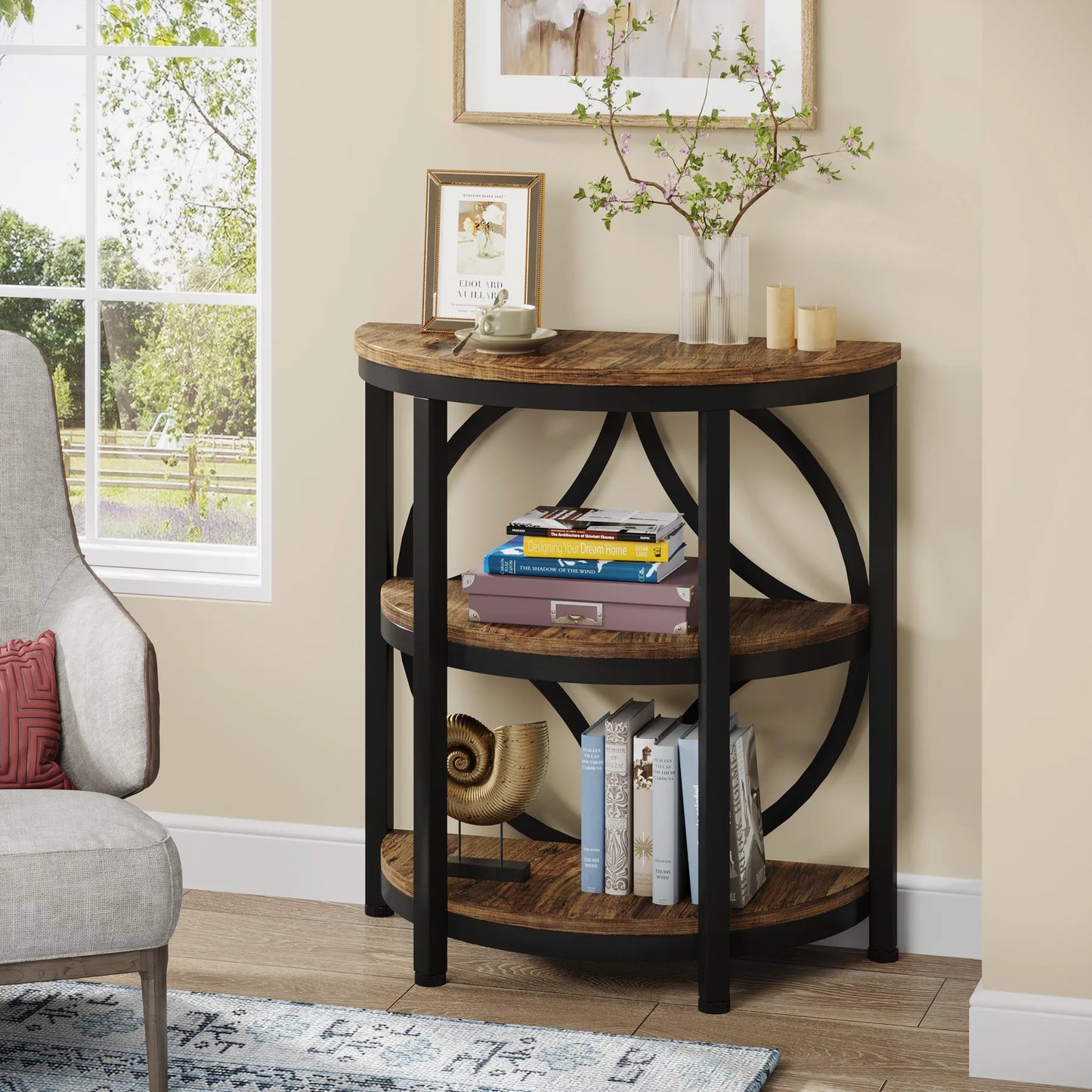 Tribesigns Half Round End Table 3 Tier Storage Metal Frame