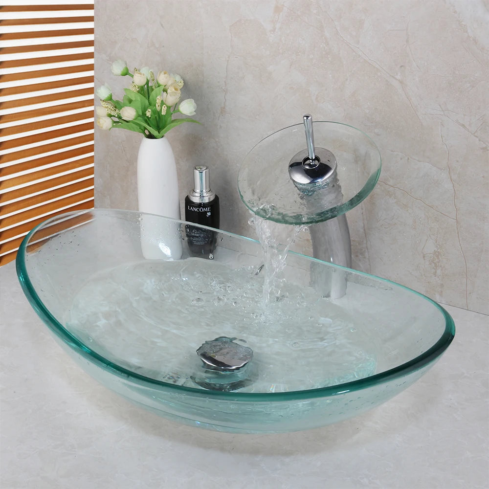 YANKSMART Oval Bathroom Sink Faucet Set With Tempered Glass