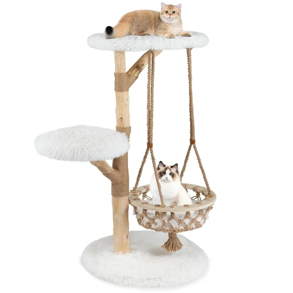 Wood Cat Tree With Multi Level Posts And Hanging Basket