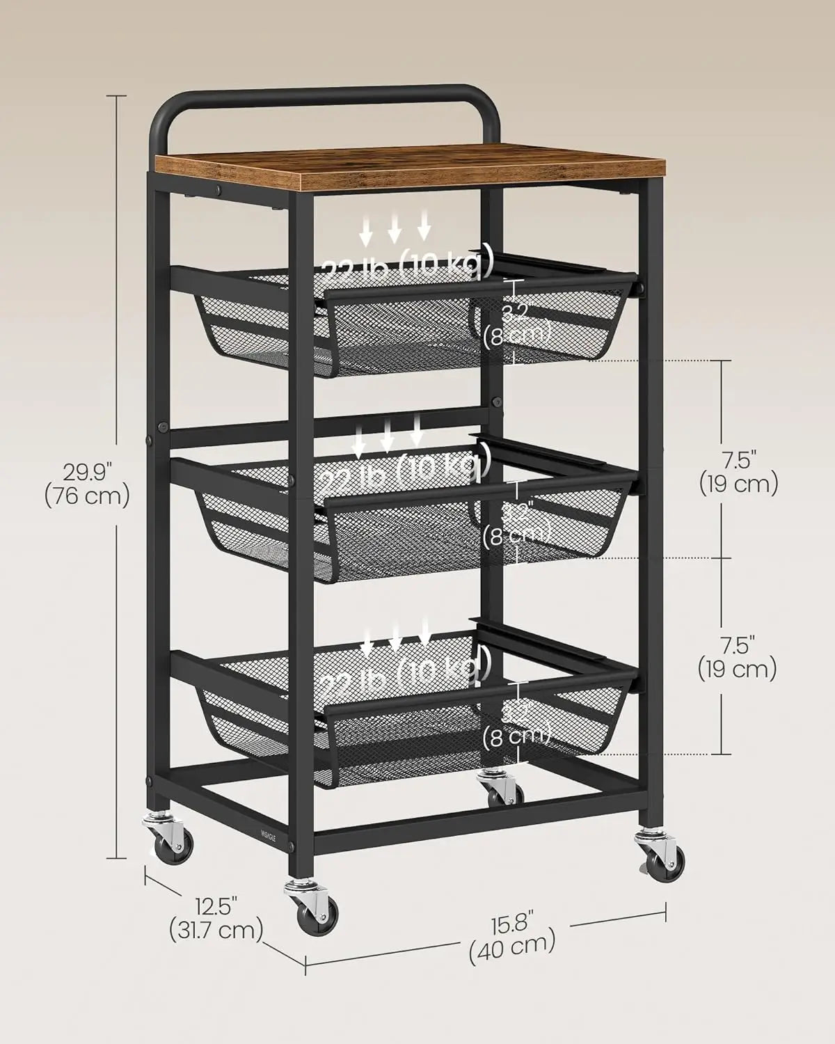 Four-Tier Rolling Kitchen Cart With Pull-Out Baskets And Wheels
