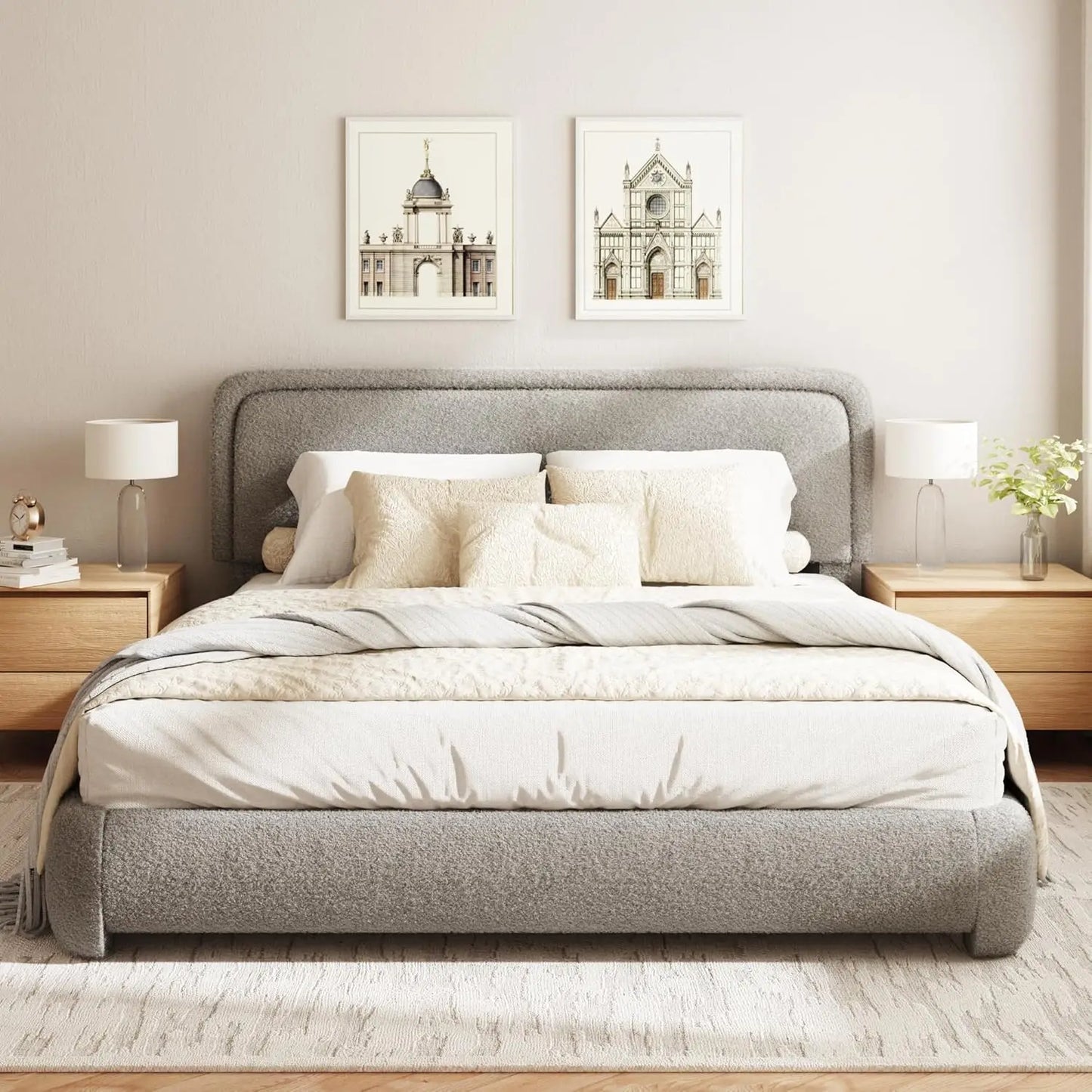Boucle Upholstered Platform Bed Frame with Adjustable Headboard Rounded Corners