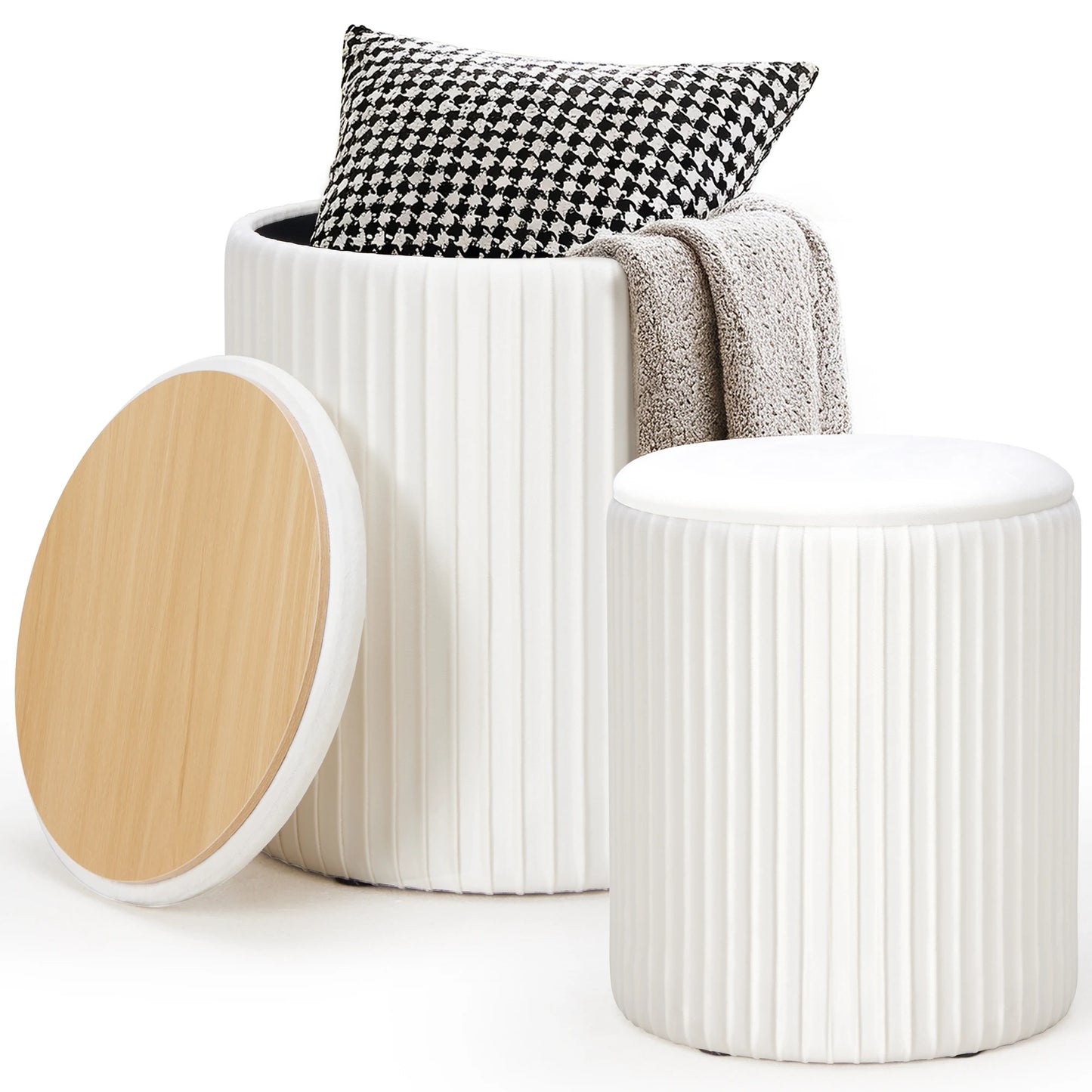 JHK Round Storage Ottoman Set Of 2 With Hidden Compartment