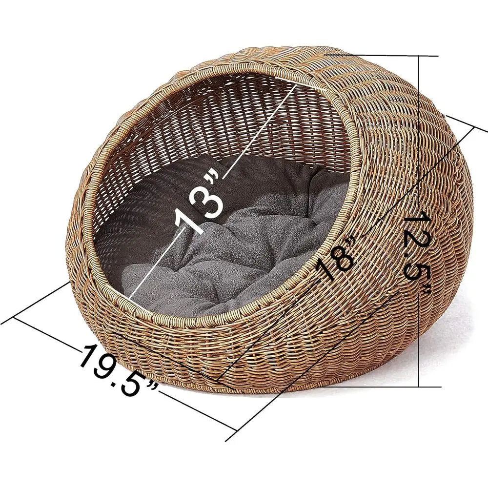 Wicker Cat Bed Dome for Indoor Cats Hideaway Covered Basket