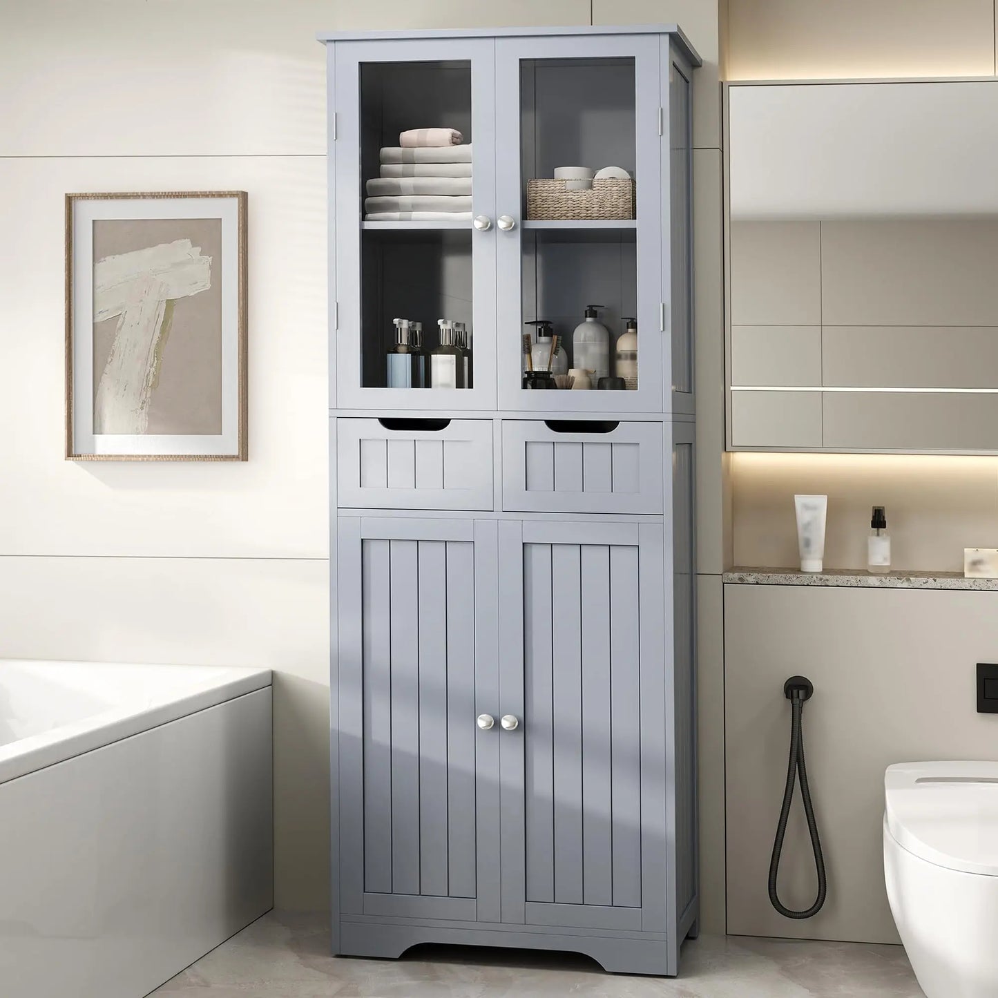 Freestanding Bathroom Linen Cabinet With Glass Doors And Shelves