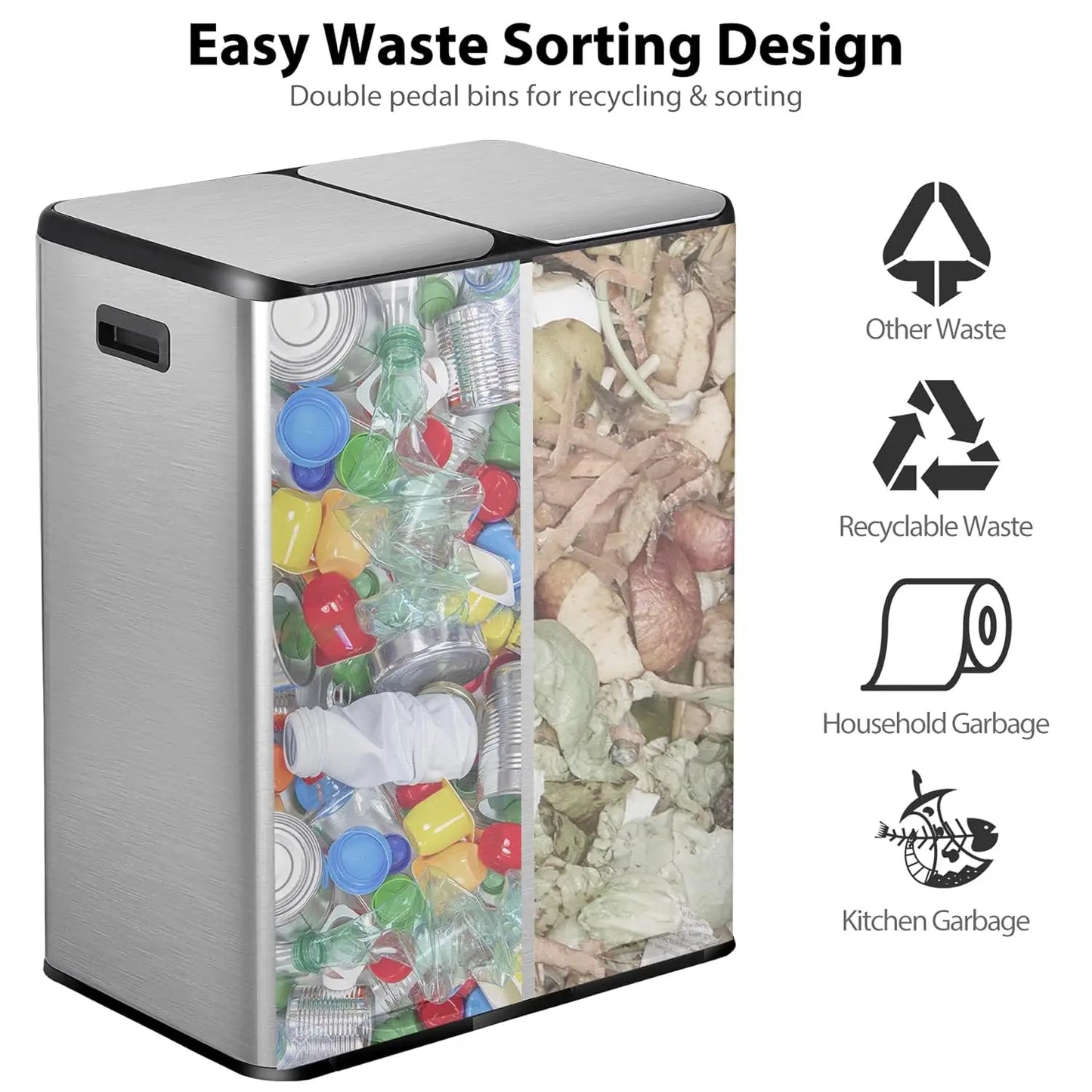 Dual Stainless Steel Kitchen Trash Can With Foot Pedal
