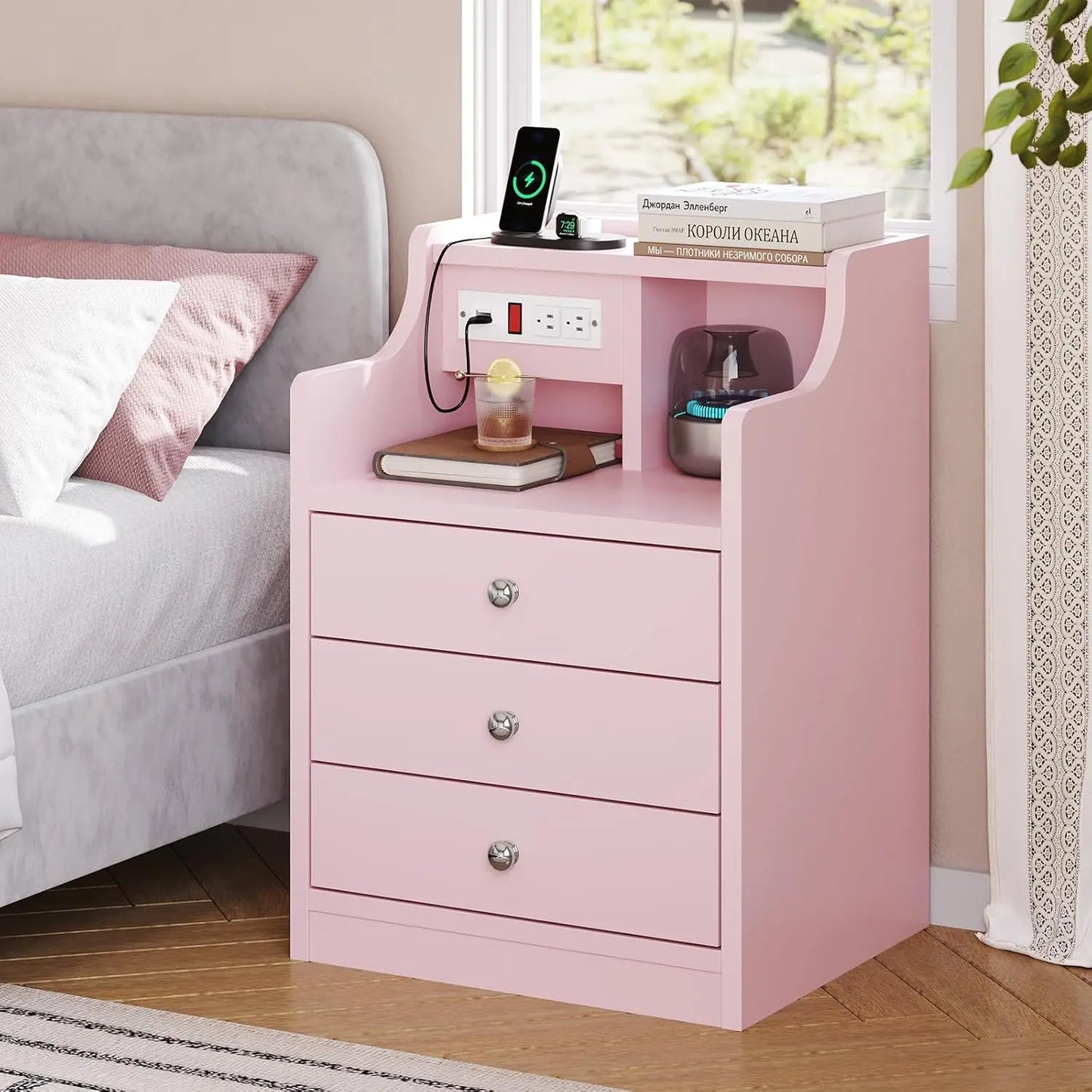 Nightstand With Charging Station And Hutch Storage Drawers