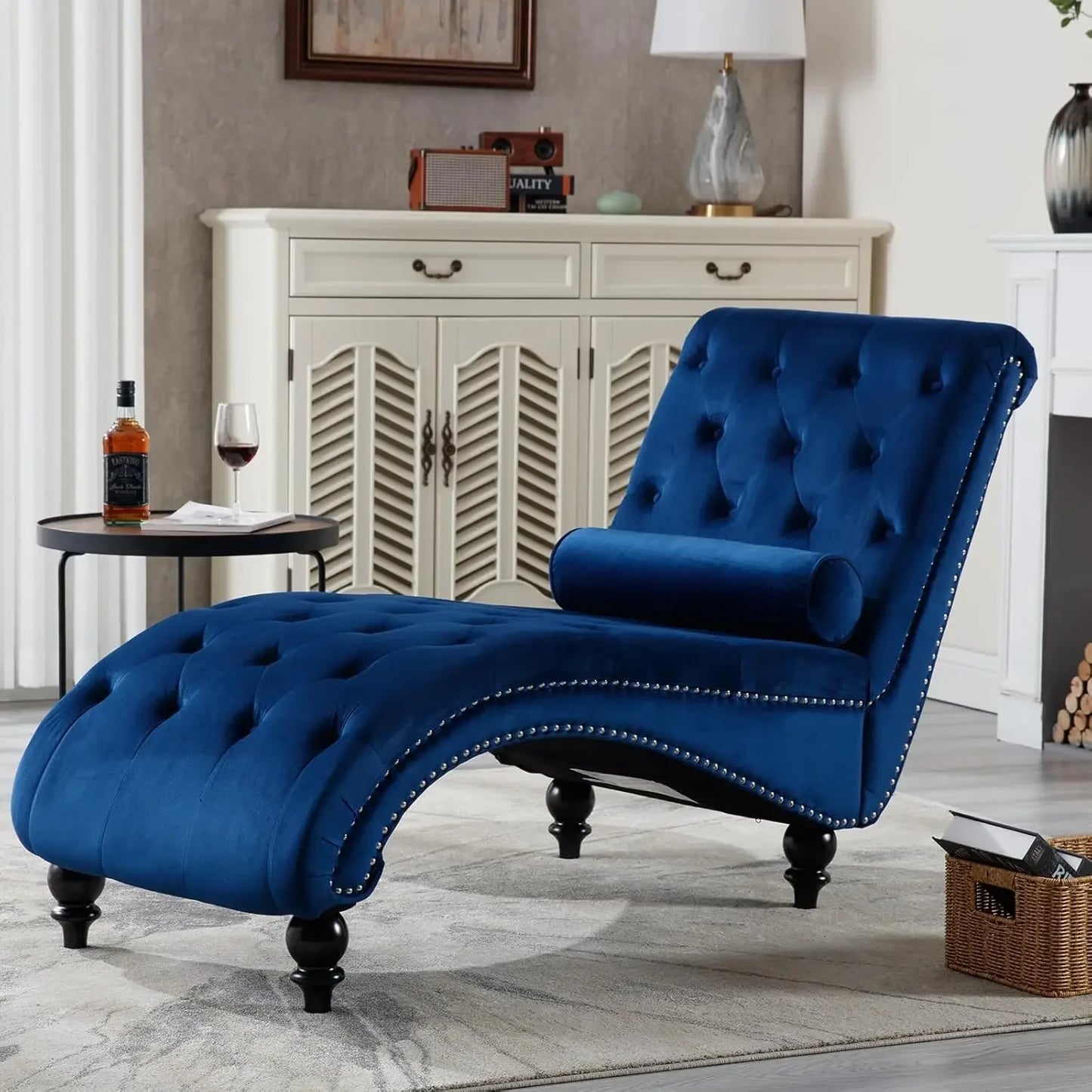 Velvet Button Tufted Chaise Lounge Chair For Living Room