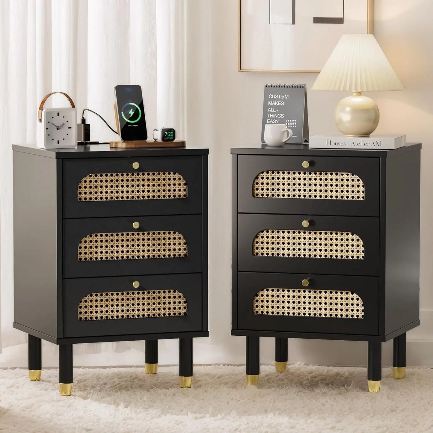 Rattan Nightstand With Charging Station, Set Of 2, 3 Drawer