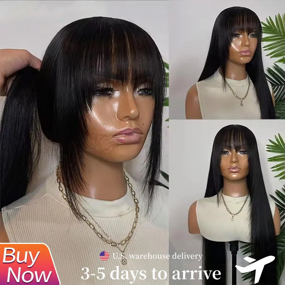 Lowell Bone Straight Brazilian Remy Hair Wig With Bangs Lace