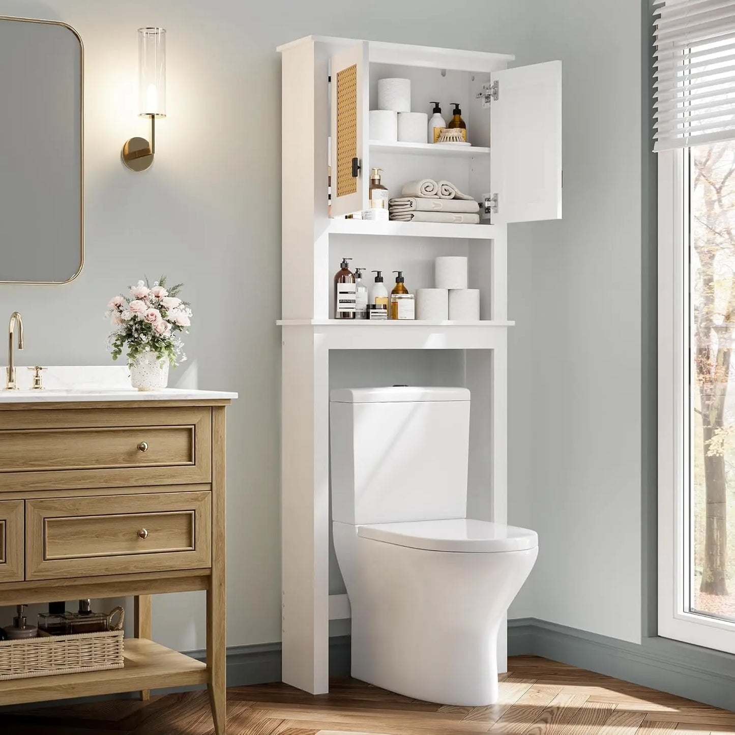 None Farmhouse Over-Toilet Storage Cabinet With Natural Rattan Doors