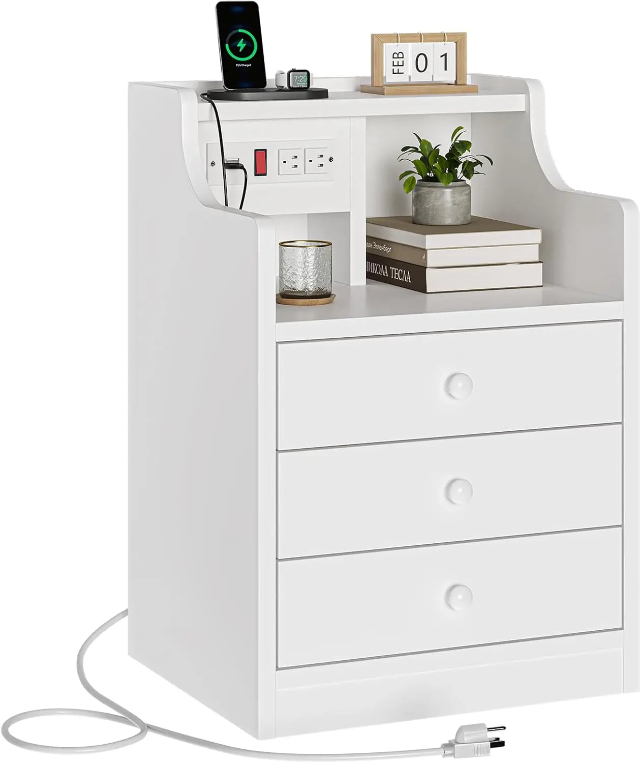 Nightstand With Charging Station And Hutch Storage Drawers