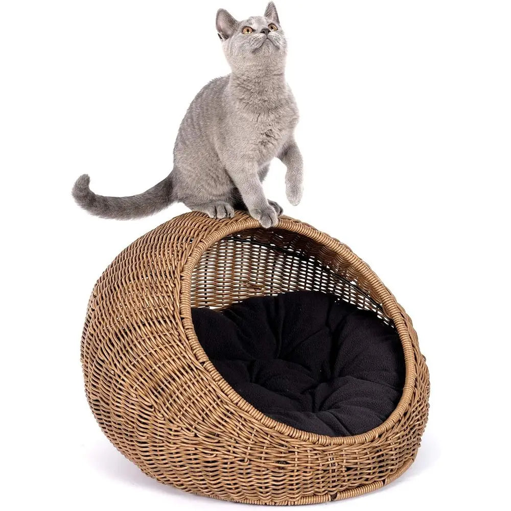Wicker Cat Bed Dome for Indoor Cats Hideaway Covered Basket