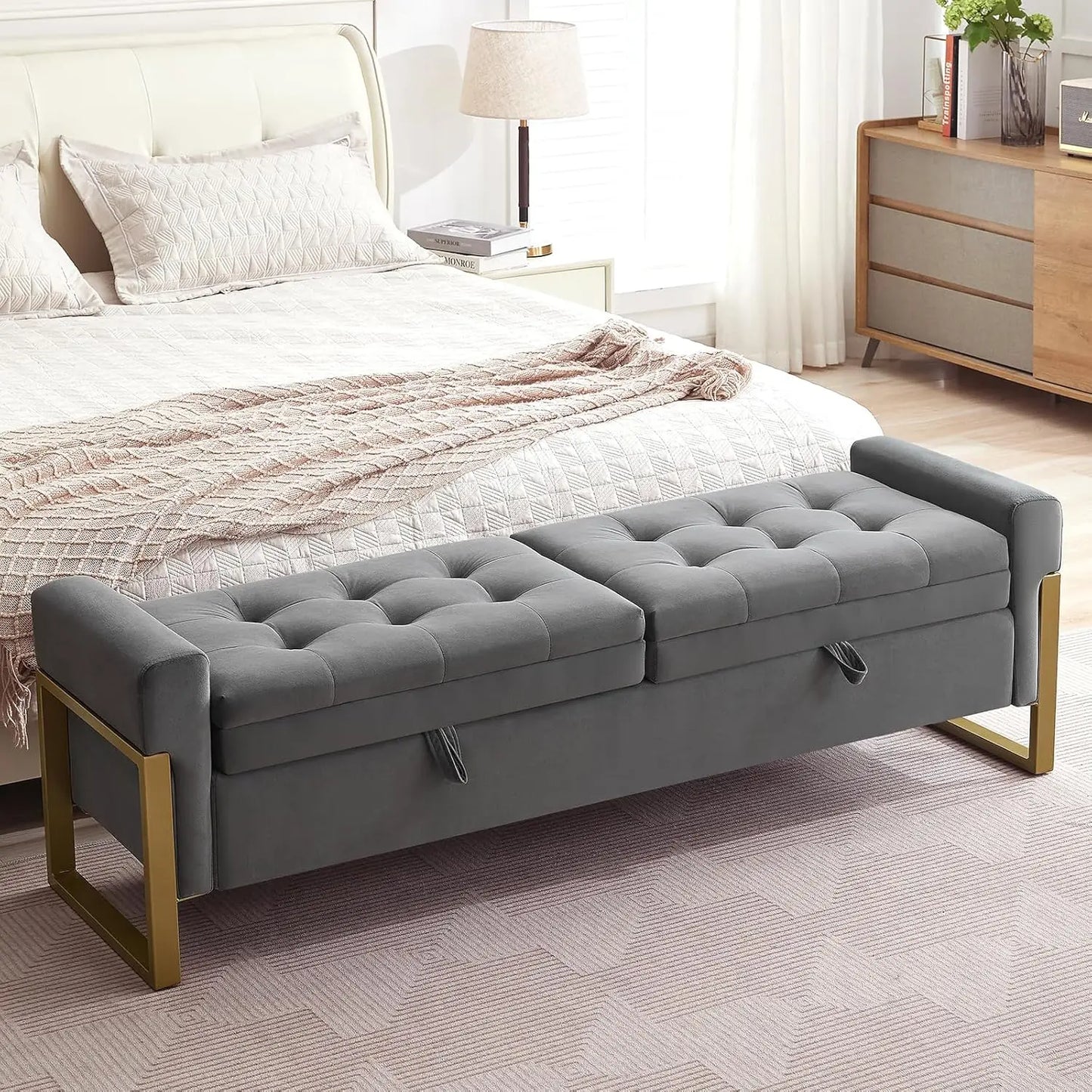 End Of Bed Storage Bench Velvet Upholstery With Metal Legs