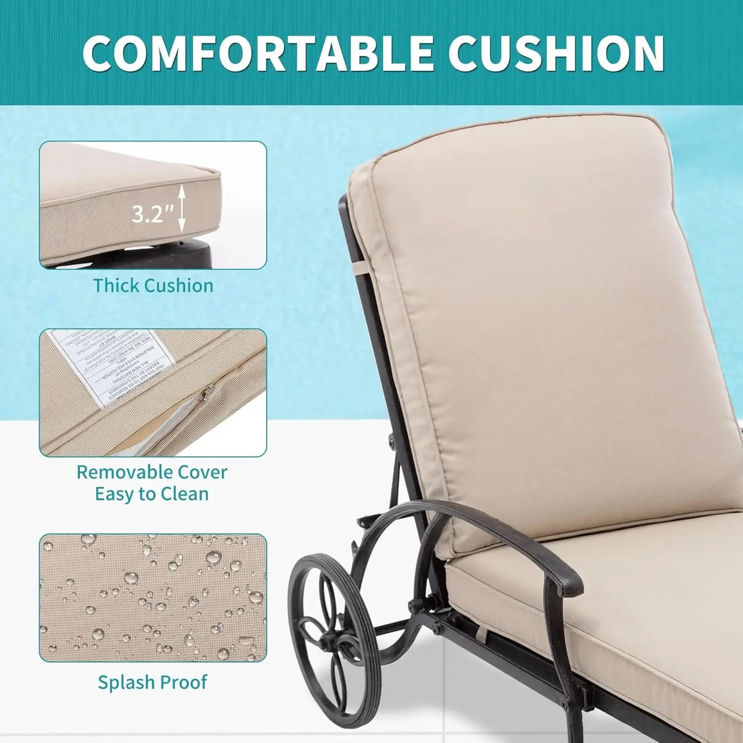 Adjustable Reclining Chaise Lounge With Cushion Cast Aluminum Waterproof Wheels