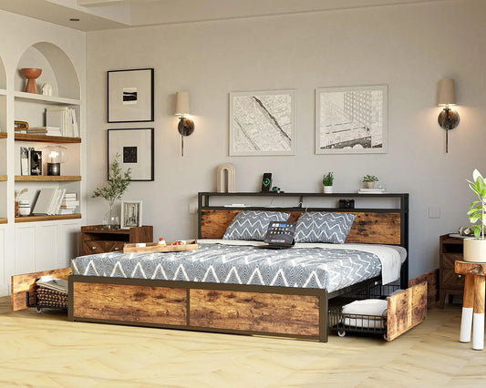Vintage Bed Frame With 4 Storage Drawers And Headboard Charging Station