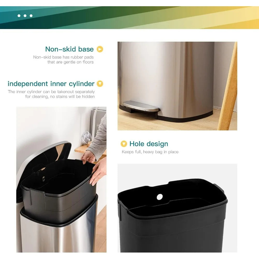 Brushed Stainless Steel Fingerprint-Proof Kitchen Step Trash Can With Lid