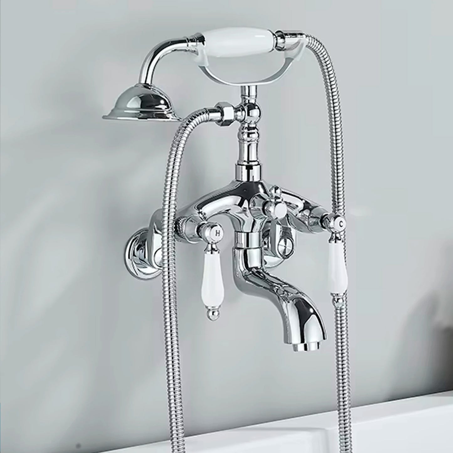 Hownifety Wall Mounted Brass Shower Tub Faucet Spout Dual Handles