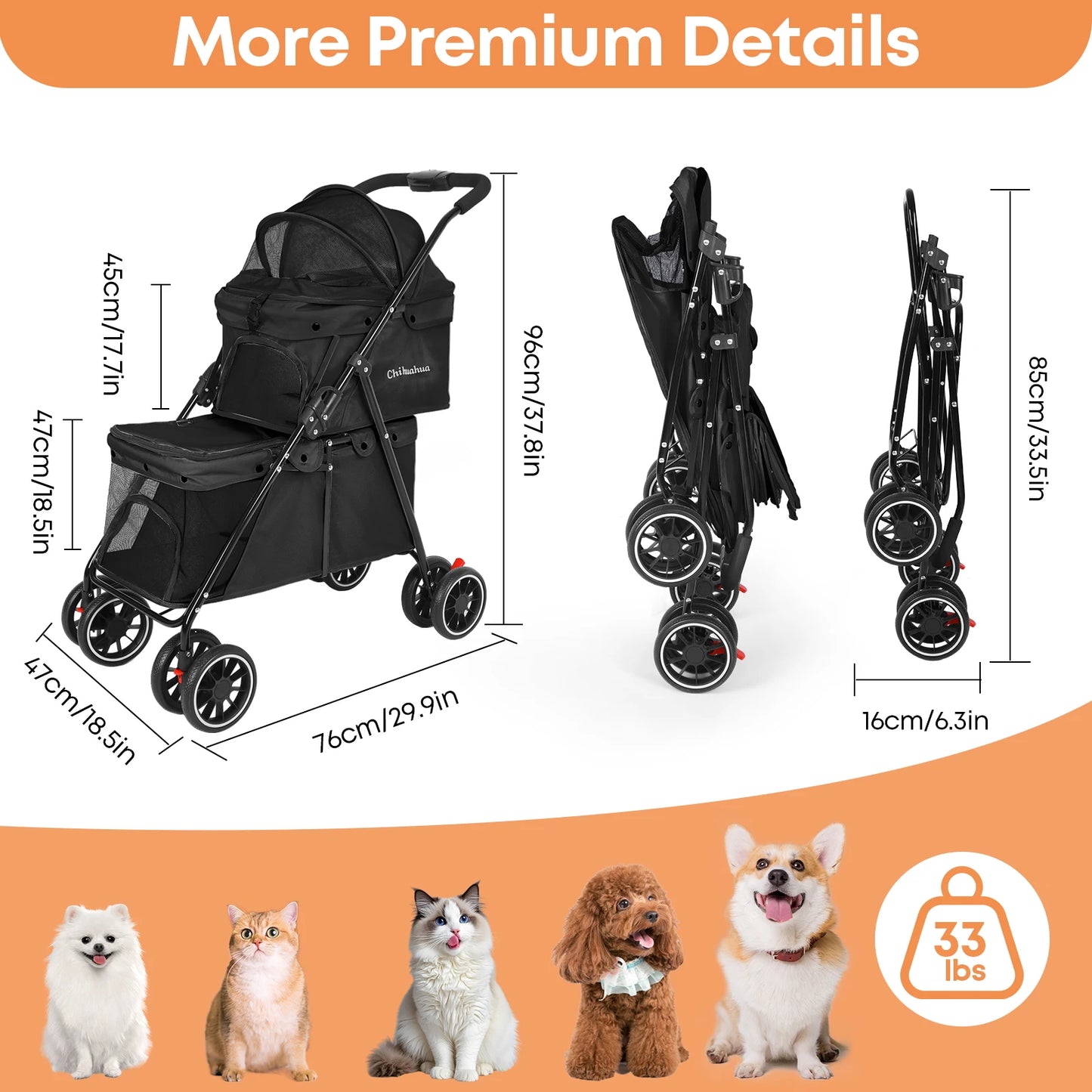CHIHUAHU 2-in-1 Double Pet Stroller For Small Dogs And Cats
