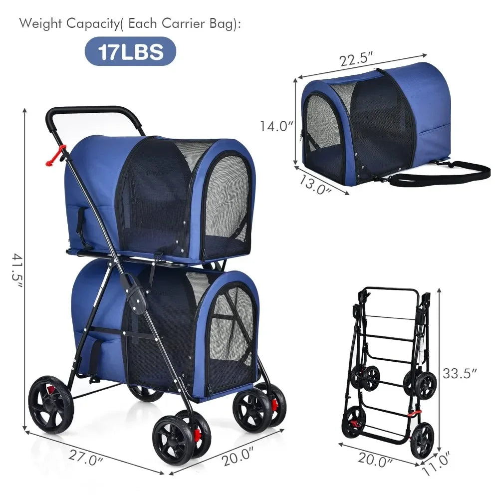 Foldable Double Pet Stroller With Two Removable Carrying Bags