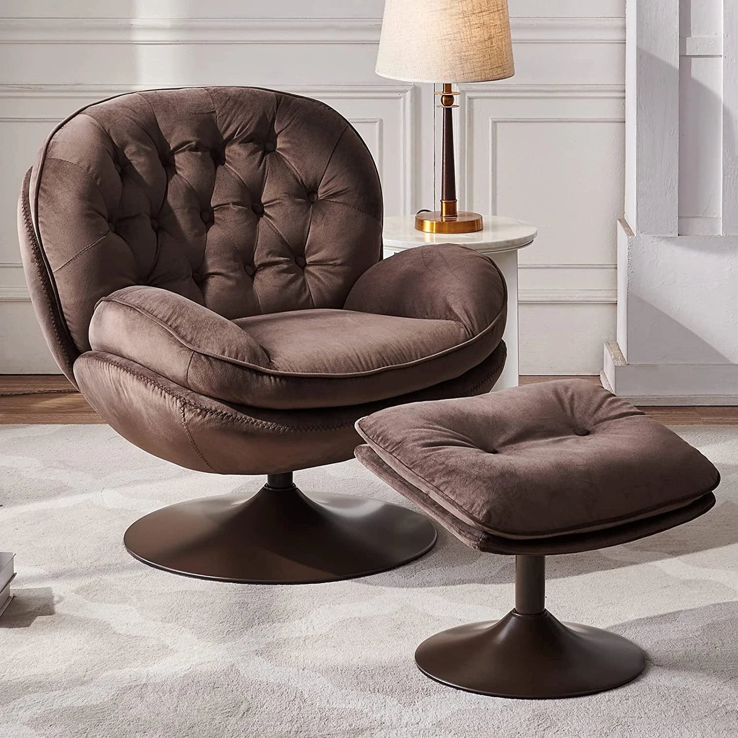 Todrani Velvet Tufted Swivel Armchair Set With Ottoman For Living Room
